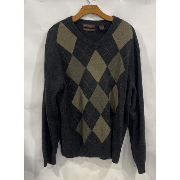 Paolo Mondo Sz L Argyle Sweater Mens 100% Cashmere Long Sleeve Preppy Dad V Neck - Picture 1 of 8